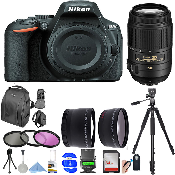 Nikon D5500/D5600 DSLR Camera with Nikon 55-300mm VR Lens + Backpack + 64GB + Flash + Filters + Tripod + Additional Accessories