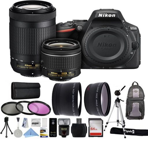 Nikon D5500/D5600 DSLR Camera with AF-P 18-55mm VR and 70-300mm Lenses + Backpack + 64GB + Flash + Filters + Tripod + Additional Accessories