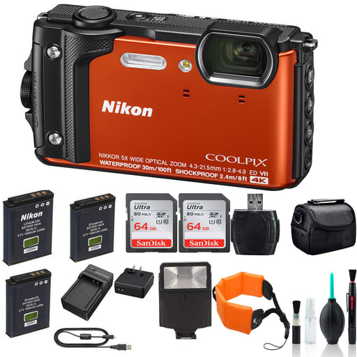 Nikon COOLPIX W300 Digital Camera (Orange/Mix Colors) with 2X 64GB Memory Cards Spare Battery LED Light Bundle