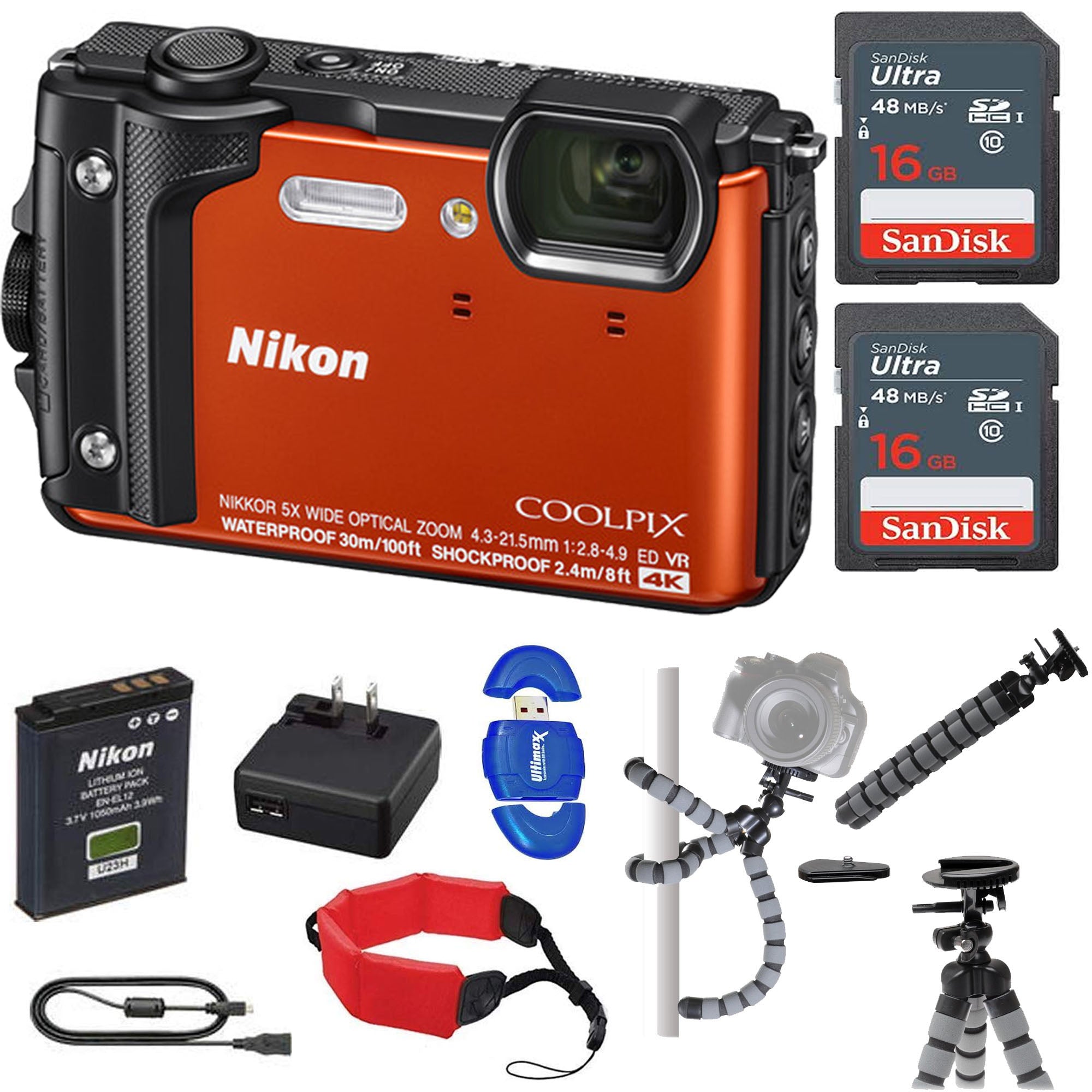 Nikon COOLPIX W300 Digital Camera (Orange/Mix Colors) with 2x 16GB