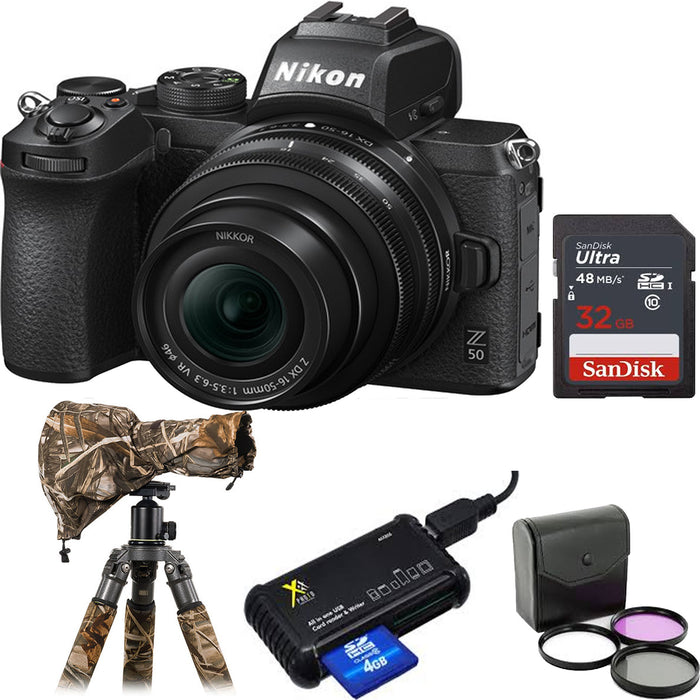 Nikon Z50 Mirrorless Digital Camera with 16-50mm with Rain Protection | Sandisk 32GB Memory Card &amp; Card Reader | Filter Kit Bundle