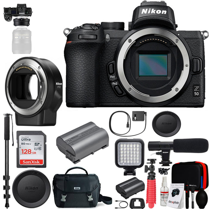 Nikon Z50 Mirrorless Digital Camera (Body Only) w/ FTZ Mount Adapter for F-Mount Lenses and 128GB Memory Card Deluxe Bundle