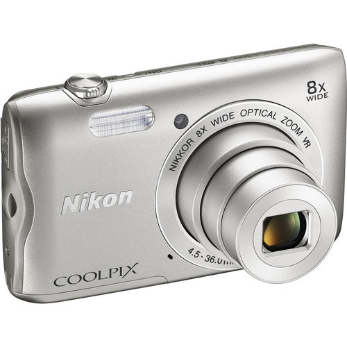 Nikon Coolpix A300 Wi-Fi Digital Camera (Silver) with 32GB Card + Case +  Battery + Flex Tripod Deluxe Bundle