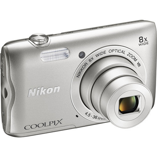 Nikon Coolpix A300 Wi-Fi Digital Camera (Silver) with 32GB Card + Case + Battery &amp; Charger Bundle
