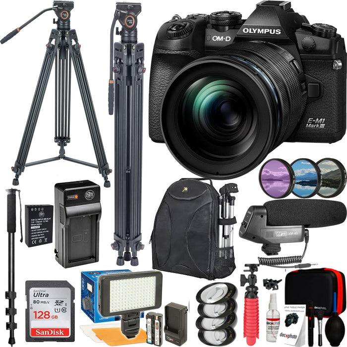 Olympus OM-D E-M1 Mark III Mirrorless Digital Camera &amp; 12-100mm Lens with | 64&quot; Tripod | Monopod | Microphone &amp; More Bundle