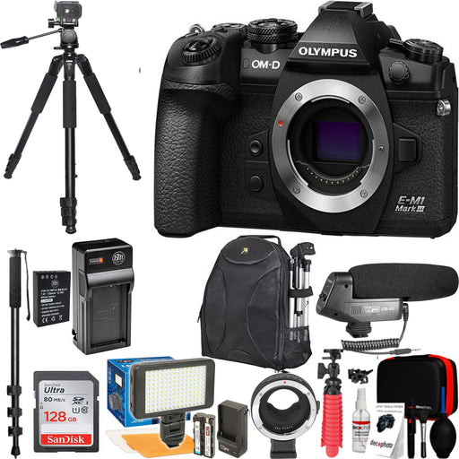 Olympus OM-D E-M1 Mark III Mirrorless Digital Camera (Body Only) with LED Light | Sandisk 128GB | Lens Adapter &amp; More Deluxe Bundle