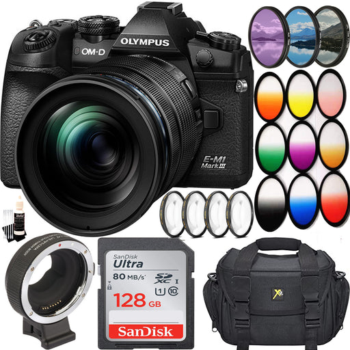 Olympus OM-D E-M1 Mark III Mirrorless Digital Camera with 12-40mm Lens with Sandisk 128GB Deluxe Filters &amp; More Bundle