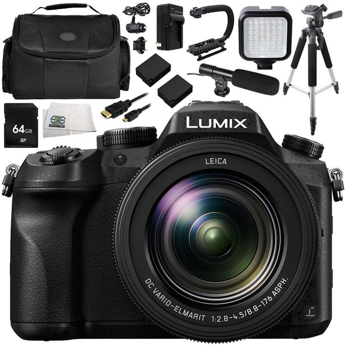 Panasonic Lumix DMC-FZ2500 Digital Camera Bundle 12PC Kit - Includes 64GB SD Memory Card, 2 Replacement Batteries, Carrying Case, 57&quot; Tripod, MORE