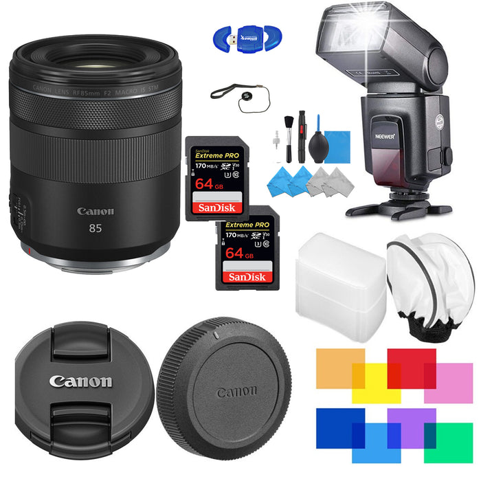 Canon RF 85mm f/2 Macro IS STM Lens with 2X64 GB Universal Pro Flash Bundle