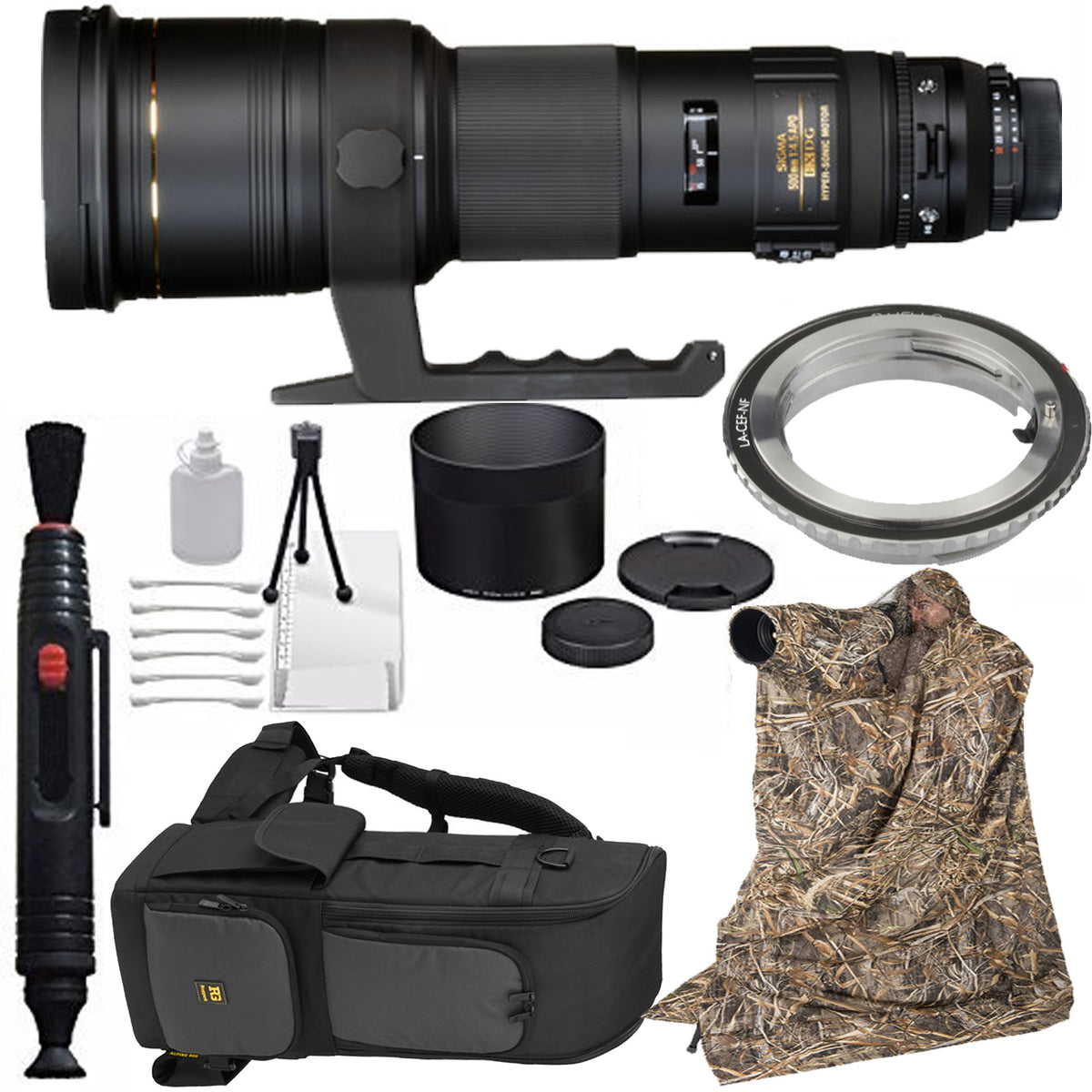 Sigma 500mm f/4.5 EX DG APO HSM Autofocus Lens for Nikon AF with Lens  Adapter EF/EF-s |Cleaning Kit | Photo Blind Coat Bundle