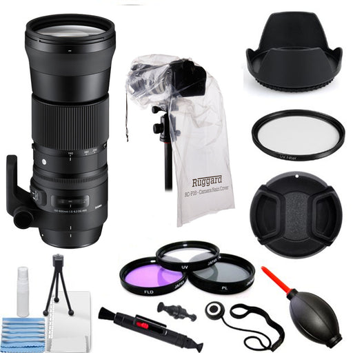 Sigma 150-600mm f/5-6.3 DG OS HSM Contemporary Lens for Nikon F with Filter Kit | Cleaning Kit &amp; Rain Cover Bundle
