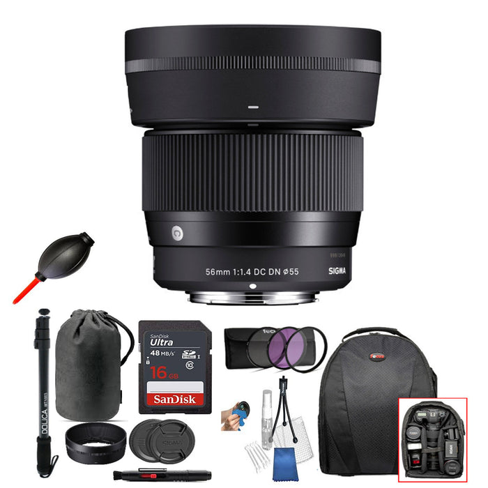 Sigma 56mm f/1.4 DC DN Contemporary Lens for Canon EF-M w/ 16GB SD Card &amp; Monopod Bundle