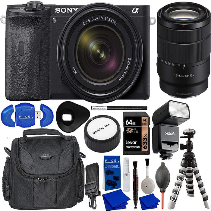 Sony Alpha a6600 Mirrorless Camera with 18-135mm Lens w/ Flash, 64GB Memory Card, Gadget Bag, Tripod, &amp; More