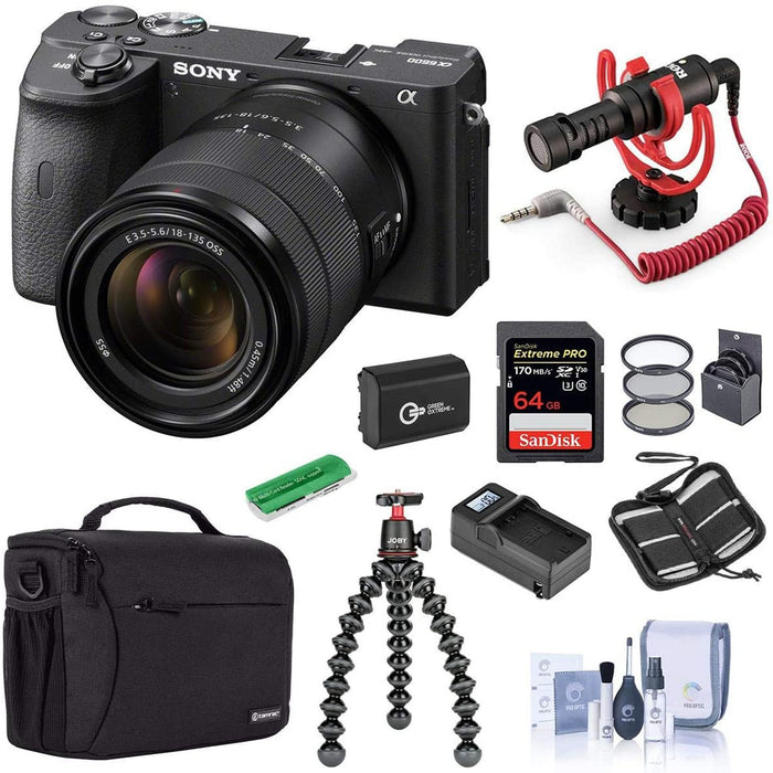 Sony Alpha a6600 Mirrorless Camera with 18-135mm Lens with Case, 64GB SDXC U3 Memory Card, Spare Battery, RODE Compact On-Camera Mic Bundle