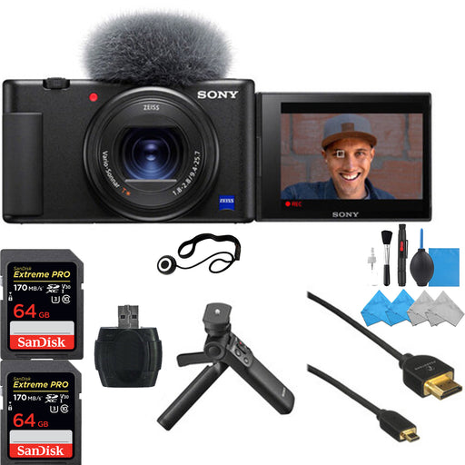 Sony ZV-1 Digital Camera with 2X 64GB Sandisk Extreme Pro Memory Card, Sony Vlogger Accesory Kit, Cleaning kit Bundle