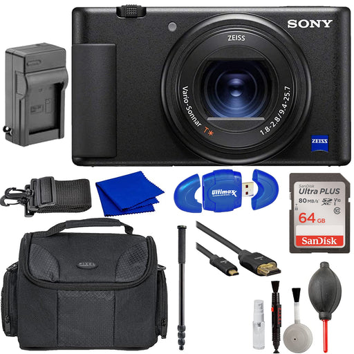 Sony ZV-1 Digital Camera with 72'' Monopod, 64GB Sandisk Ultra PLUS Memory Card, Carrying Case BUNDLE