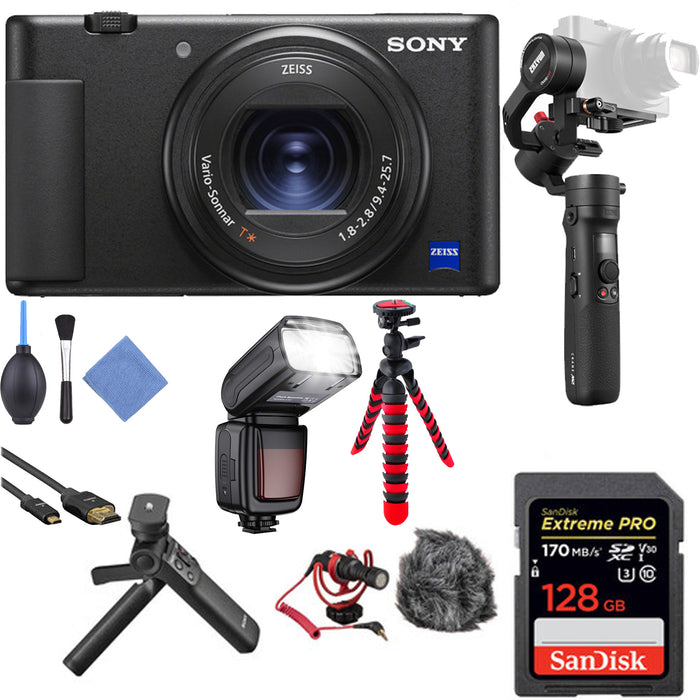 Sony ZV-1 Digital Camera with Shotgun Microphone, Gimbal Stabilizer, 128GB Sandisk Extreme Pro Memory Card, Sony Vlogger &amp; Accessories Bundle