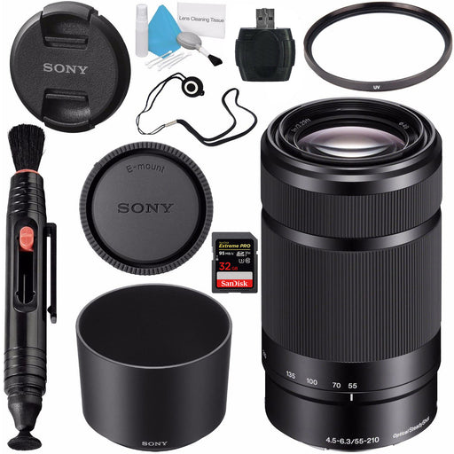 Sony E 55-210mm f/4.5-6.3 OSS E-Mount Lens OSS (Black) with 49mm Filter Kit, Lens Pen cleaner, 32GB Sandisk Extreme Pro Memory Card, Lens Capkeeper, Card reader, Cleaning kit Bundle