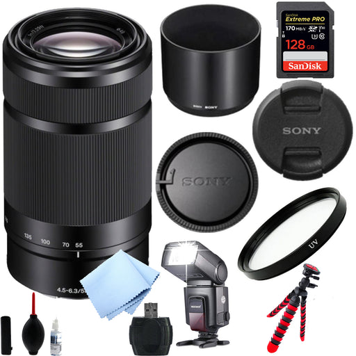 Sony E 55-210mm f/4.5-6.3 OSS E-Mount Lens OSS(Black) with Filter Kit, cleaning pen, flexible tripod, 128GB Sandisk Extreme pro, clening kit, Flash light Bundle