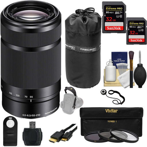 Sony E 55-210mm f/4.5-6.3 OSS E-Mount Lens OSS (Black) with (2) 32GB Sandisk Extreme pro Memory Card, Filter Kit, Hand Strap, Card reader, Universal Remote, Cap keeper, Cleaning Kit &amp; Case Bundle
