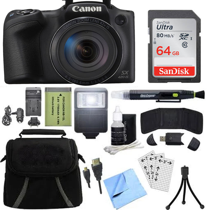 Canon PowerShot SX420 IS Digital Camera (Black) with Sandisk 64GB Card Accessory Bundle