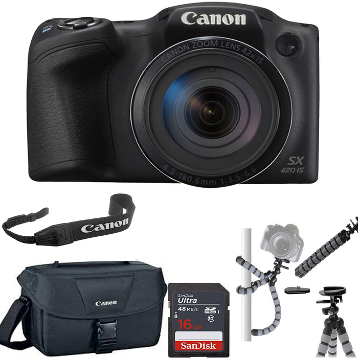 Canon PowerShot SX420 IS Digital Camera (Black) with Canon Carrying Case |  16GB Memory Card & Spider Tripod Bundle