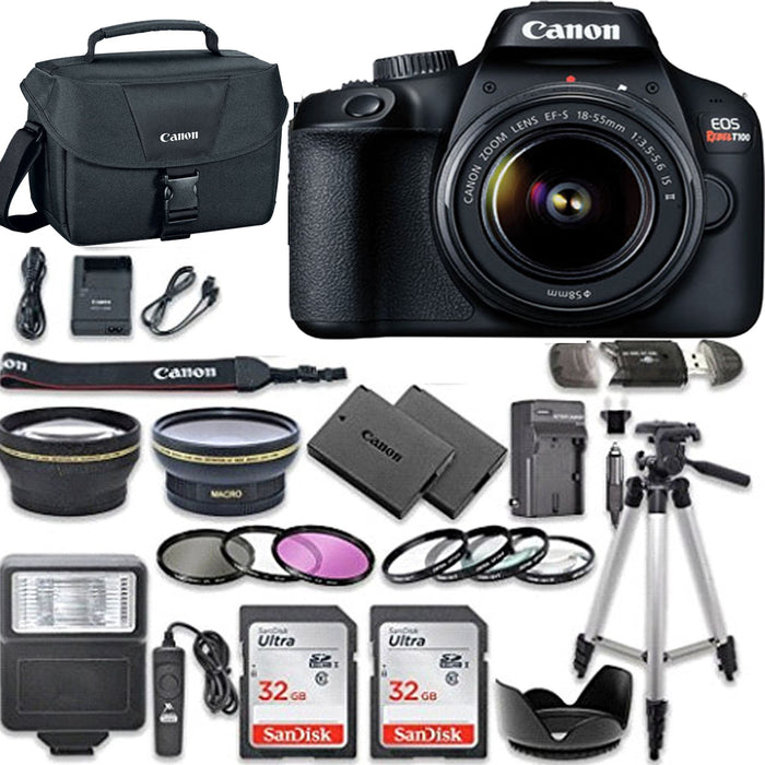 Canon EOS T100/4000D with EF-S 18-55mm f/3.5-5.6 IS II Kit Lens W/ 2pc SanDisk 32GB Memory Cards Accessory Kit