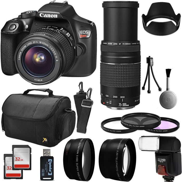 Canon EOS Rebel T6/2000d DSLR Camera with 18-55mm Lens & 75-300mm III Zoom Lens | 64GB Memory |Flash |Bag |Filter Bundle