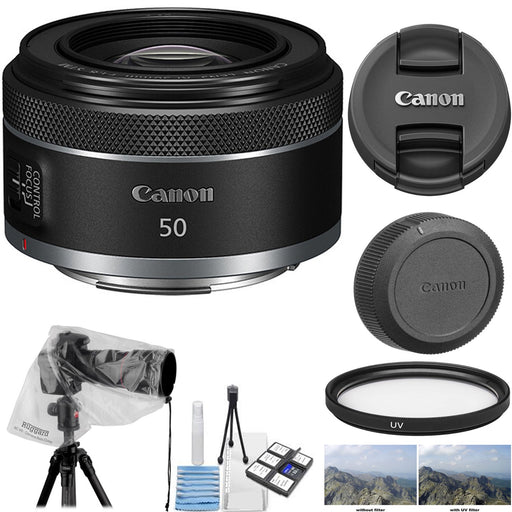 Canon RF 50mm f/1.8 STM Lens with Rain Cover | Cleaning Kit & UV Filter Package