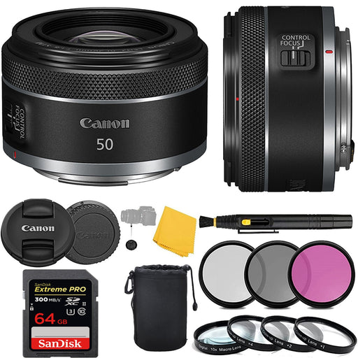 Canon RF 50mm f/1.8 STM Lens with Sandisk Extreme Pro 64GB | Filter Kit | Close-up & Cleaning Kit Bundle