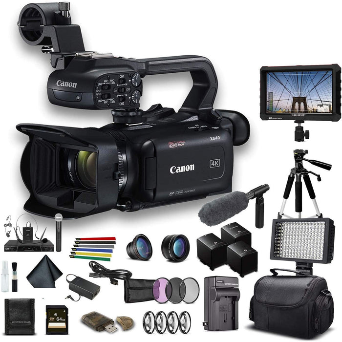 Canon XA40 Professional UHD 4K Camcorder W/ Extra Battery, Carrying Bag, 64GB Card, Filter Kit, LED Light, 4K Monitor, Sony Mic PRO Bundle