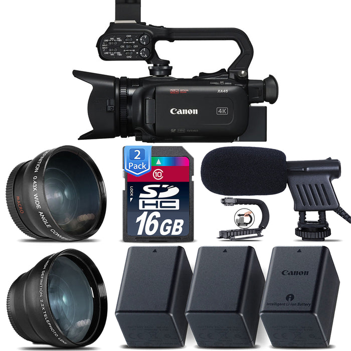 Canon XA45 Professional UHD 4K Camcorder with Shotgun Microphone | 2X Spare Batteries | 2x 16GB MCs &amp; More