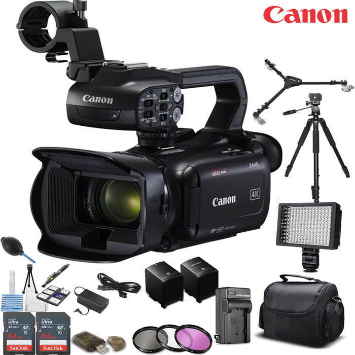 Canon XA45 Professional UHD 4K Camcorder with 2x Sandisk 64GB | Tripod | Tripod Dolly | LED Light | Extra Battery &amp; More Deluxe Bundle