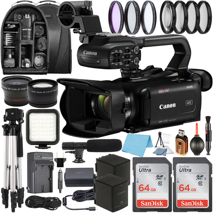 Canon XA65 Professional UHD 4K Camcorder with 2 Pack SanDisk 64GB Memory Card + Case + Tripod + Wideangle Lens + LED Flash + Microphone + Filter Kit + Accessory Bundle - NJ Accessory/Buy Direct & Save
