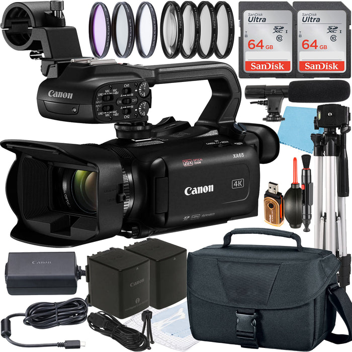 Canon XA65 Professional UHD 4K Camcorder with 2 Pack SanDisk 64GB Memory Card + Case + Tripod + Filter Kit + Microphone + Accessory Bundle - NJ Accessory/Buy Direct & Save