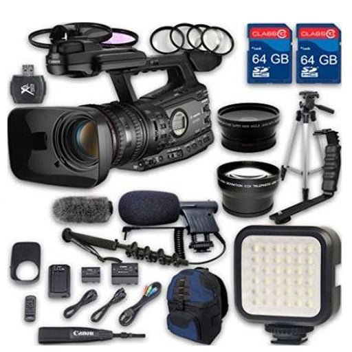 Canon XF305 HD Professional Camcorder + Wideangle Lens + Telephoto Lens + Lens Hood + 2 PC 64 GB Memory Cards + Tripod + LED Light + Backpack Case