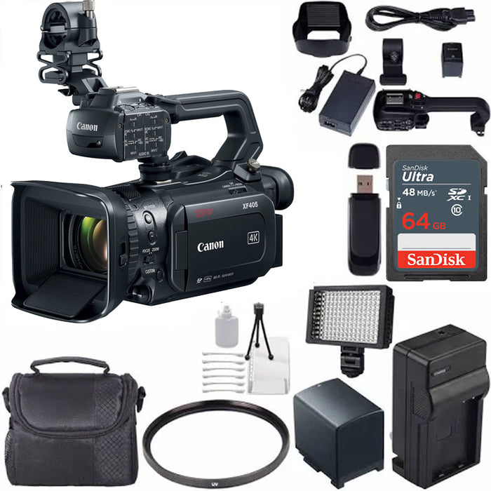 Canon XF405 UHD 4K60 Camcorder with Dual-Pixel Autofocus with 64GB Memory Card | BP-820 Replacement Lithium Ion Battery Bundle