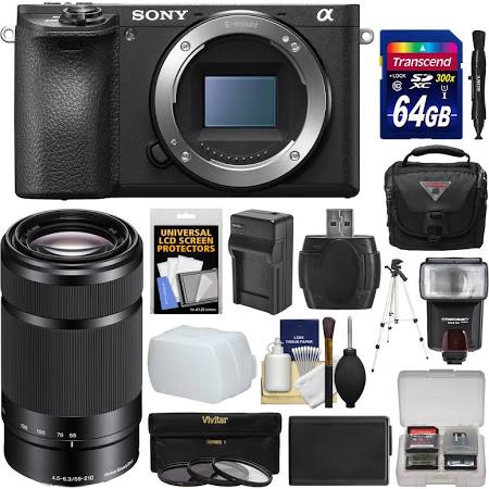 Sony Alpha a6500 4K Wi-Fi Camera Body 55-210mm Lens 64GB Card Case Flash Battery Charger Tripod Filters KIT