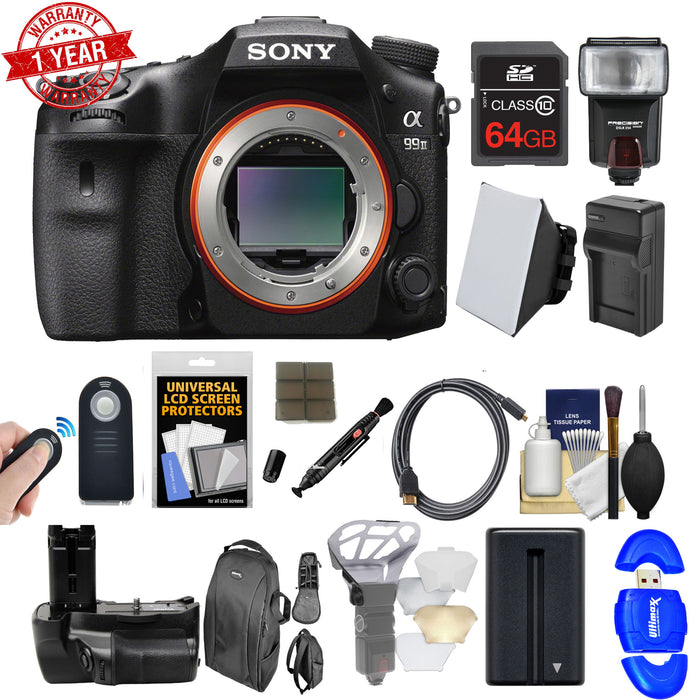 Sony Alpha A99 II Full Frame 4K Wi-Fi Digital SLR Camera Body with 64GB Card + Backpack + Flash + Battery &amp; Charger + Grip + Remote + Kit