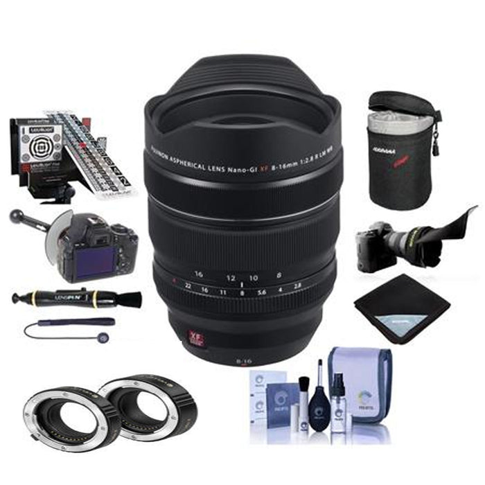 FUJIFILM XF 8-16mm f/2.8 R LM WR Lens Bundle with Lens Case, Lens Wrap, Flex Lens Shade, Cleaning Kit, Cap leash, Lens Pen and Cleaner, Deluxe Auto Focus Extension Tube Set