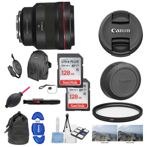 Canon RF 85mm f/1.2L USM DS Lens with Backpack | Cleaning Kit & UV Filter Package 2x128 GB