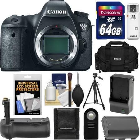 Canon EOS 6D Digital SLR Camera Body with 64GB Card + Case + Battery &amp; Charger + Battery Grip + Tripod + Remote + Accessory Kit Bundle
