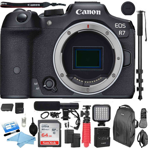 Canon EOS R7 Mirrorless Digital Camera (Body Only) with Microphone | LED Light | Monopod | Backpack &amp; More Bundle