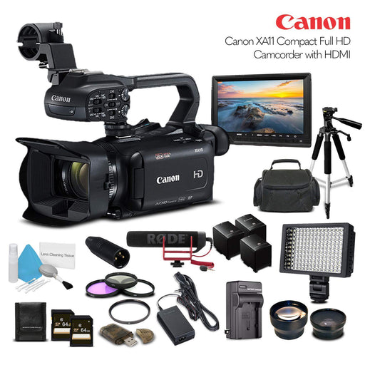 Canon XA11 Compact Full HD Camcorder With 2-64GB Cards, 2 Extra Batteries and Charger, LED Light, Case, Tripod, Rode VM-GO Mic, Screen, Sony MDR-7506 Headphones - SupremeBundle - NJ Accessory/Buy Direct & Save