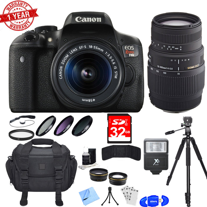 Canon EOS Rebel T6i/800D DSLR Camera with 18-55mm & 70-300mm Lenses| 32GB SDHC MC|Bag| Tripod| Cleaning kit and More