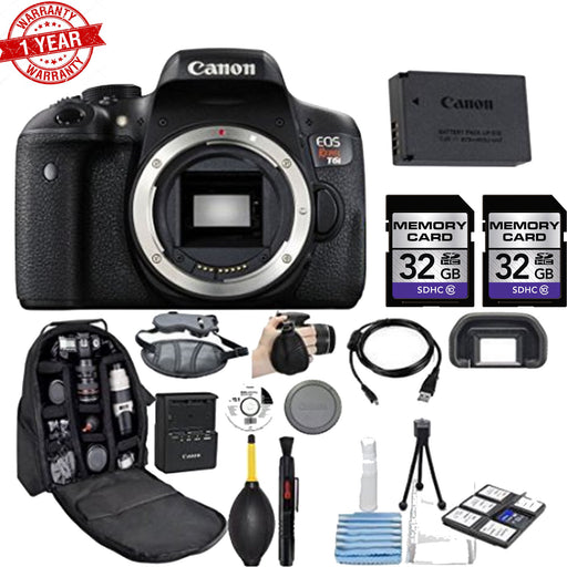 Canon EOS Rebel T6i/800D DSLR Camera (Body Only) with 64GB MCs | Backpack |Wrist Grip|Cleaning Kit|HDMI Cable|MC Wallet Bundle
