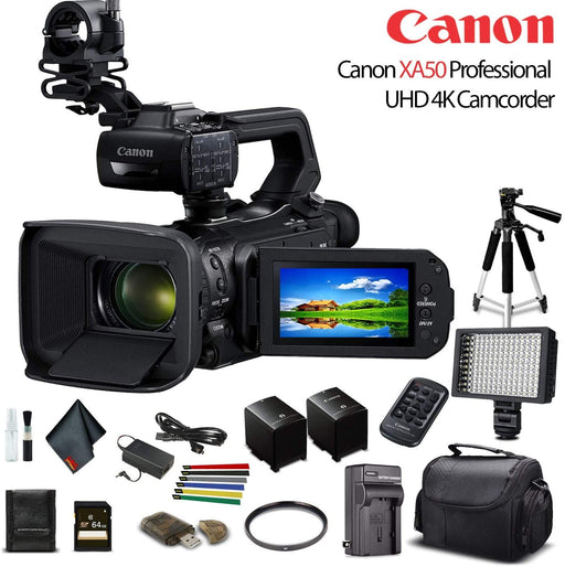 Canon XA50 Professional UHD 4K Camcorder W/Extra Battery, Soft Padded Bag, 64GB Memory Card, LED Light, UV Filter, Tripod and More Starter Bundle