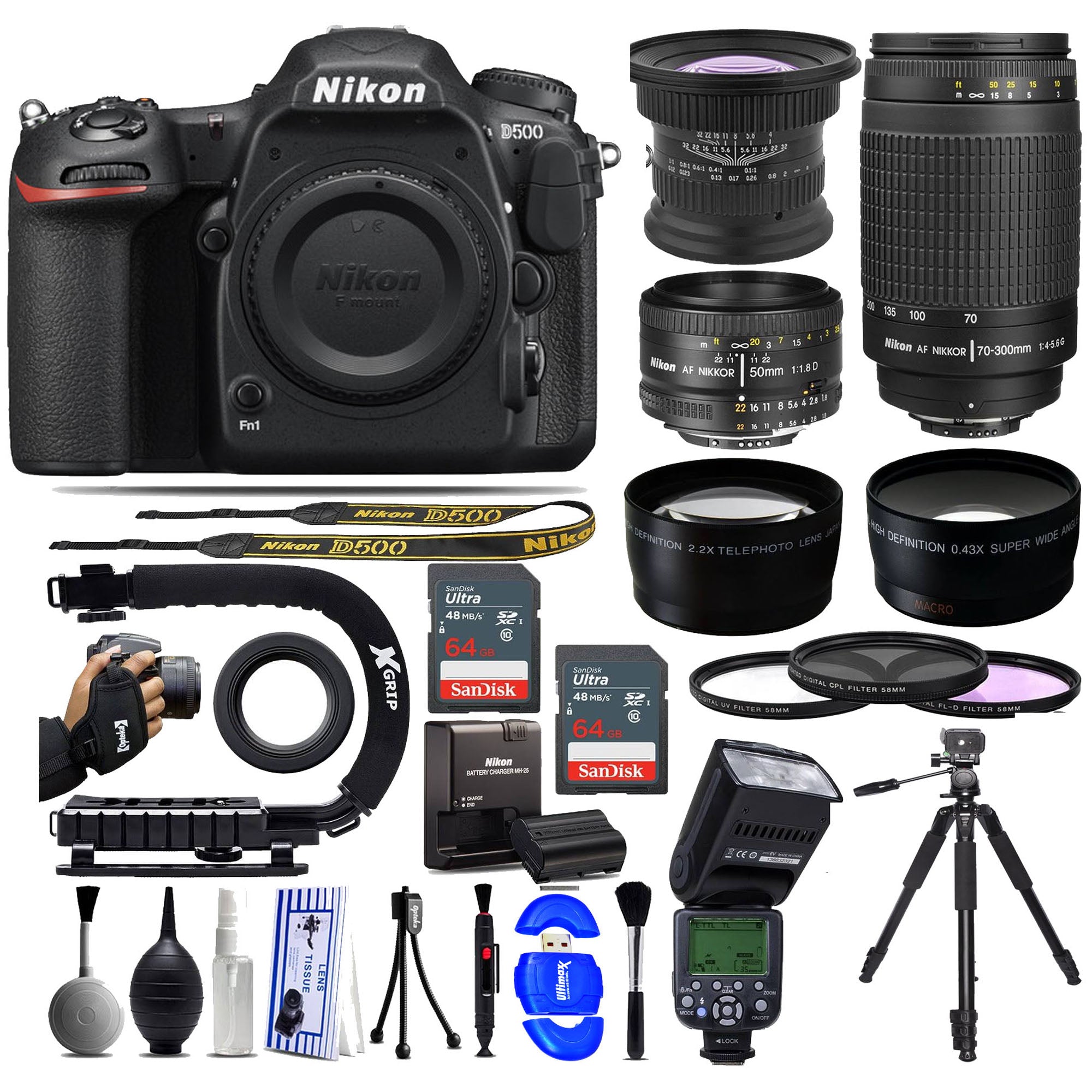 Nikon D500 DSLR Camera with -15mm - Nikon f/1.8D - Nikon 70-300mm G - 128GB -AF Flash Bundle | NJ Accessory/Buy Direct & Save