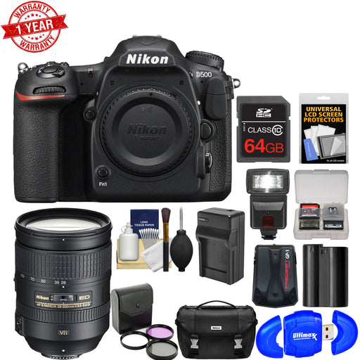 Nikon D500 Wi-Fi 4K Digital SLR Camera Body with 28-300mm VR Lens + 64GB Card + Case + Flash + Battery &amp; Charger + Filters + Kit