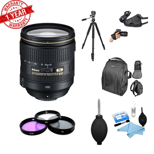 Nikon AF-S NIKKOR 24-120mm f/4G ED VR Lens W/ Backpack Tripod 3 Filters Kit